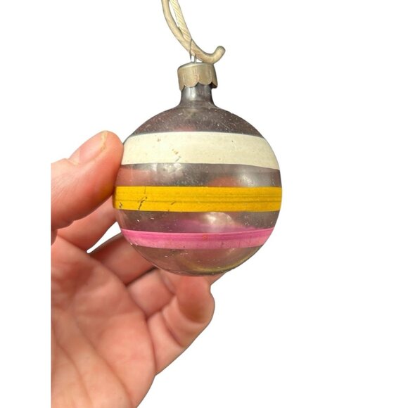 Vtg Corning Small Unsilvered Glass Ornament Stripe Pink White Yellow Corning - Picture 4 of 8